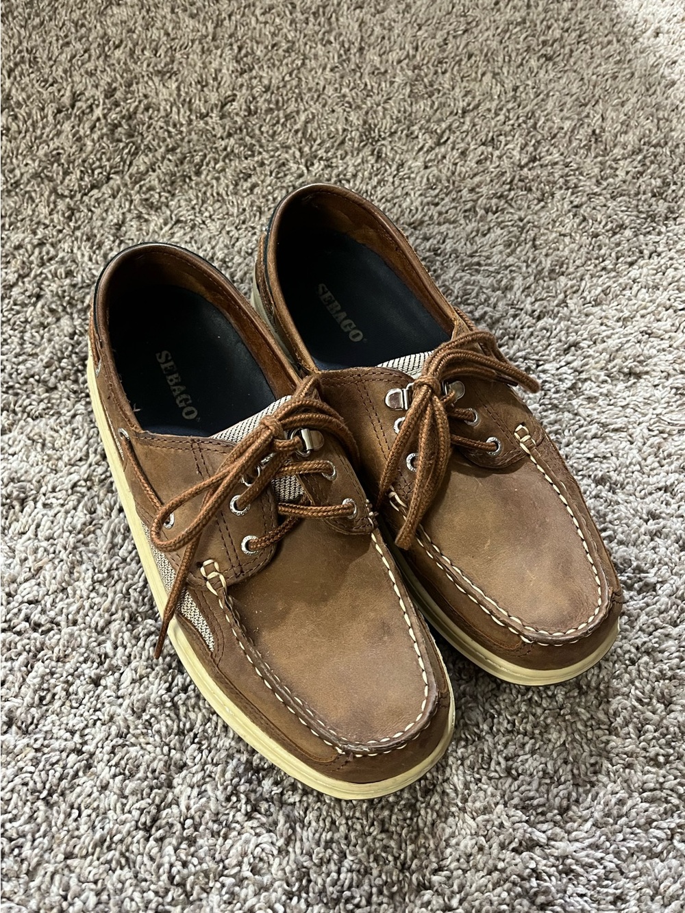 Men’s Sebago Clovehitch Boat Shoes Brown Leather Moc Toe cream sole size 7